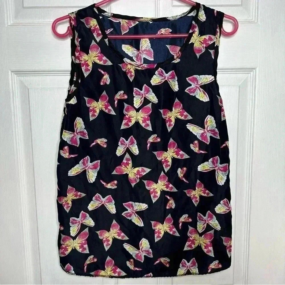 Butterfly Tank Top Sleeveless Flowy Blue/Pink/Yellow Size Medium